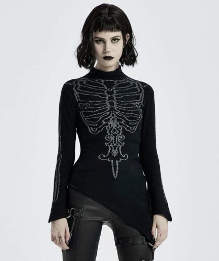 Women's Gothic Skull Black Asymmetric Sweater Halloween Costume