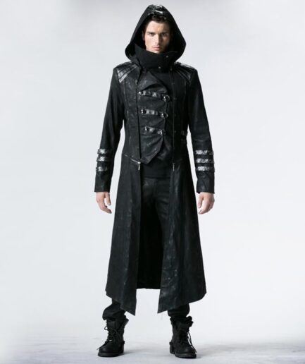 Men's Gothic Black Stretch Twill Fabric Chef Faux Leather Coat