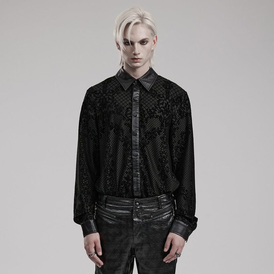 Men's Gothic Floral Printed Faux Leather Splice Shirt