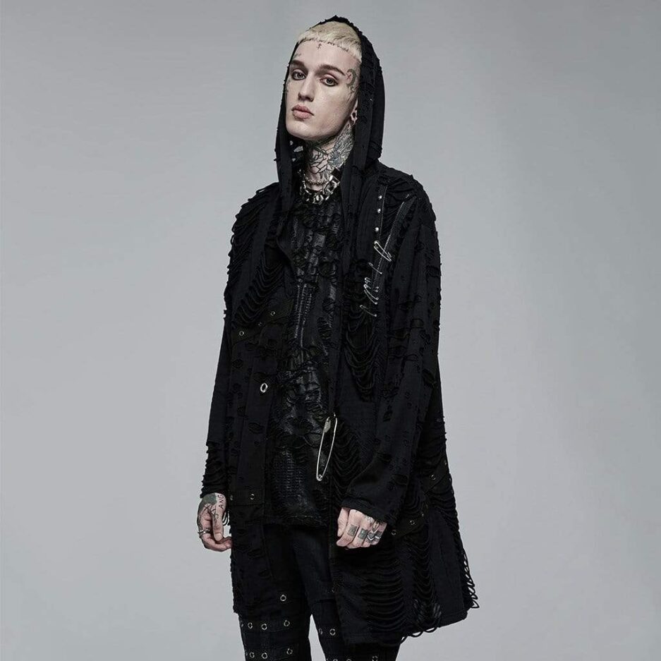 Men's Gothic Ripped Clip Cardigan with Hood