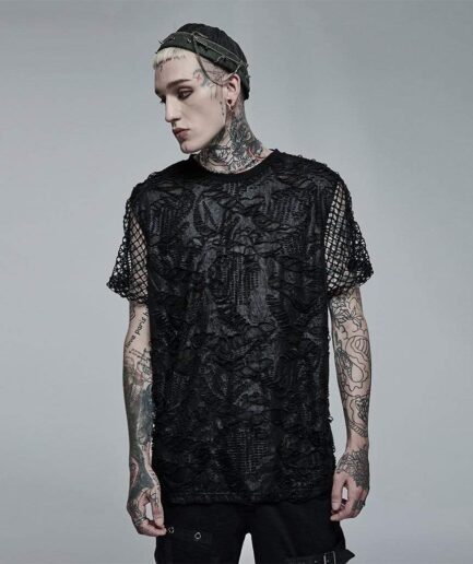 Men's Gothic Ripped Mesh Knitted T-shirt