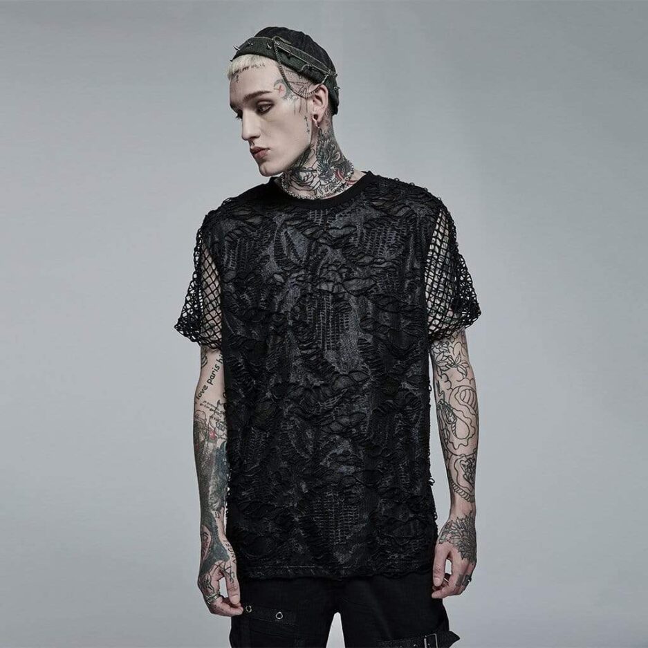 Men's Gothic Ripped Mesh Knitted T-shirt