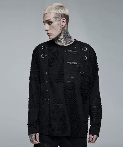 Men's Gothic Ripped Splice Knitted Top