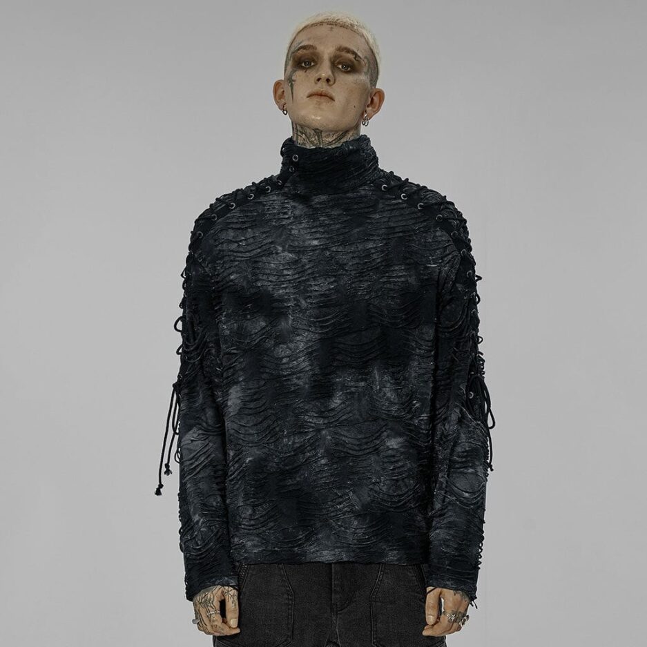 Men's Gothic Tie-dyed Ripped Turtleneck Shirt