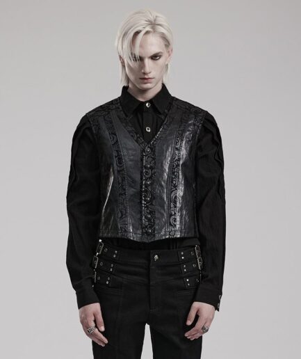 Men's Gothic V-neck Floral Printed Faux Leather Vest