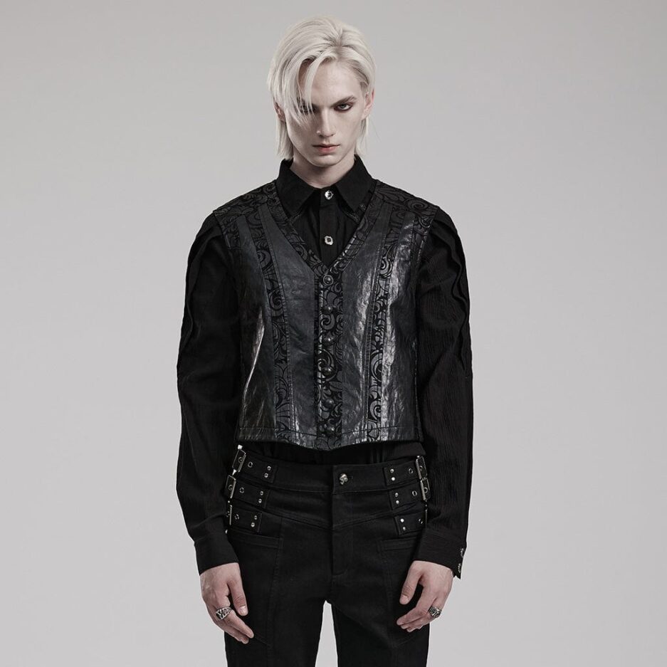 Men's Gothic V-neck Floral Printed Faux Leather Vest