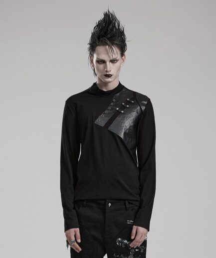 Men's Punk Faux Leather Splice Shirt