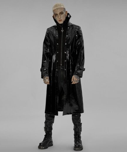 Men's Punk Stand Collar Patent Leather Long Coat