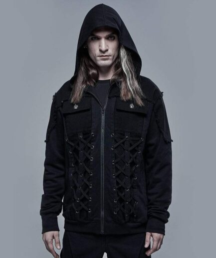 Men's Punk Strappy Multi Pockets Jacket with Hood