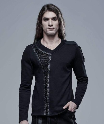 Men's Punk V-neck Strappy Long Sleeved Black Shirt