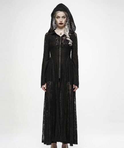 Women's Goth Yarn Zipper Fly Lace Long Dresses With Hood