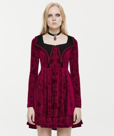 Women's Gothic Bat Collar Embossed Velvet Dress