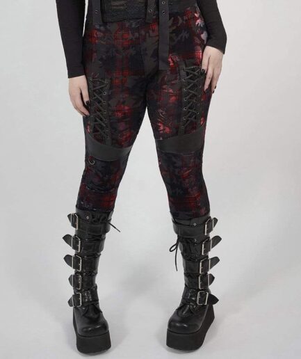 Women's Plus Size Gothic Black and Red Grungy Checked Velvet Leggings