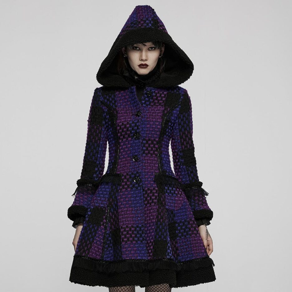 Women's Gothic Contrast Color Flare Sleeved Winter Coat with Hood