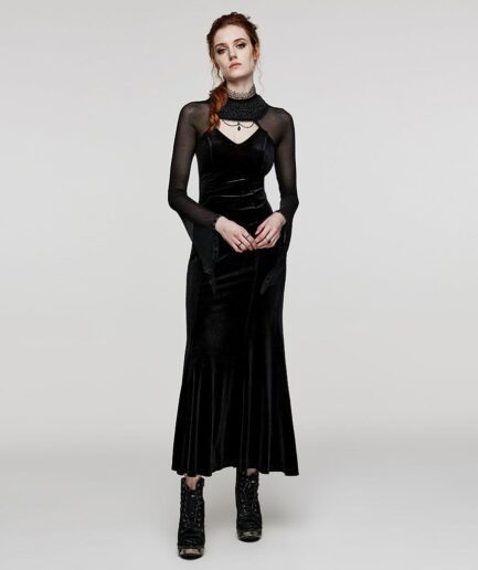 Women's Gothic Cutout Beaded Mesh Splice Velvet Dress