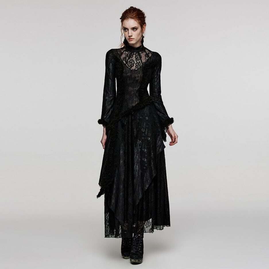 Women's Gothic Flared Sleeved Mesh Splice Lace Wedding Dress