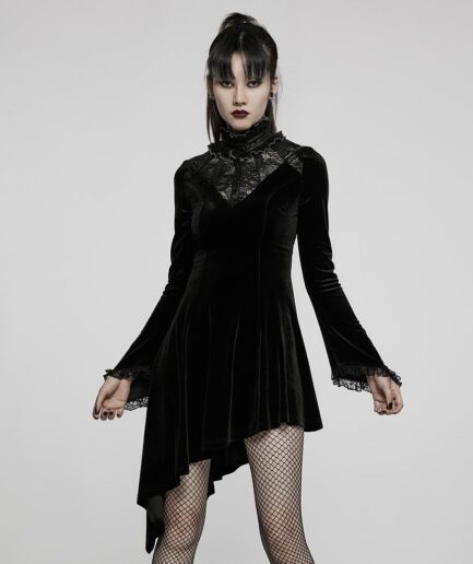 Women's Gothic Lace Stand Collar Irregular Hem Velet Dress