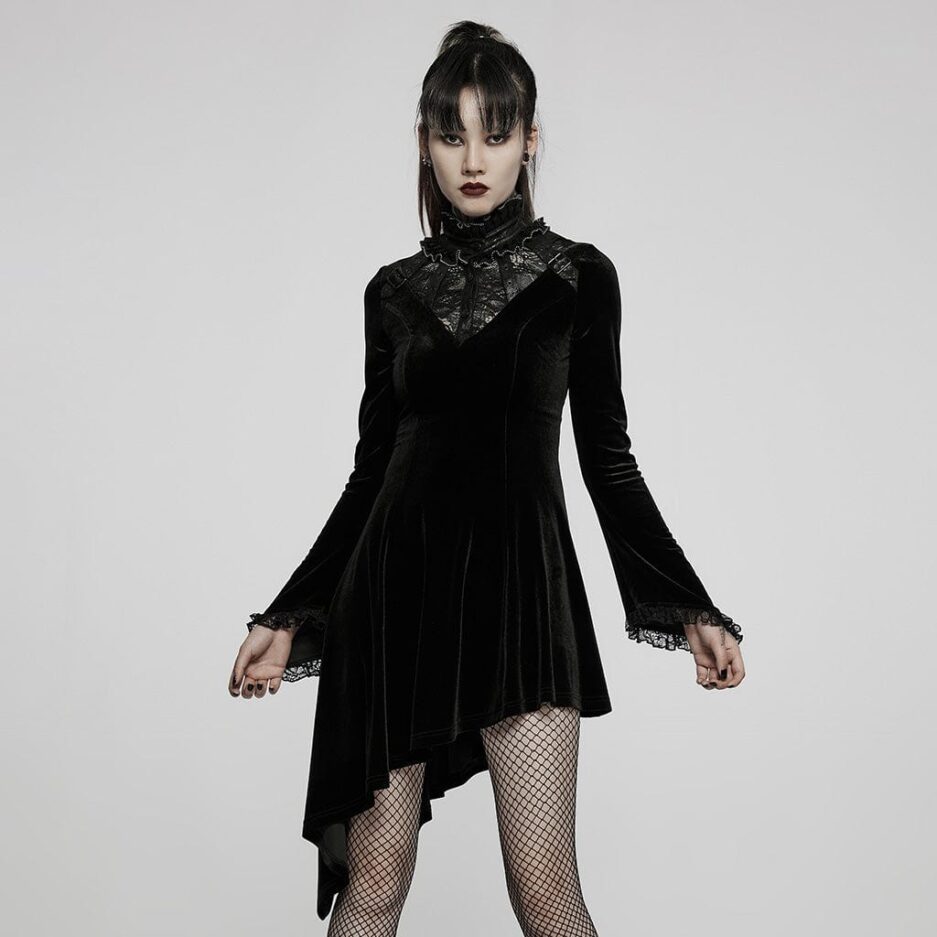 Women's Gothic Lace Stand Collar Irregular Hem Velet Dress