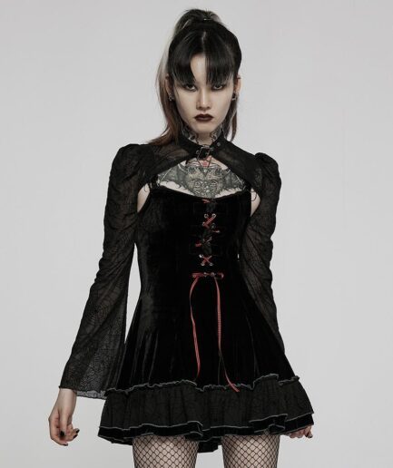 Women's Gothic Lacing-up Velet Slip Dress with Lace Cape