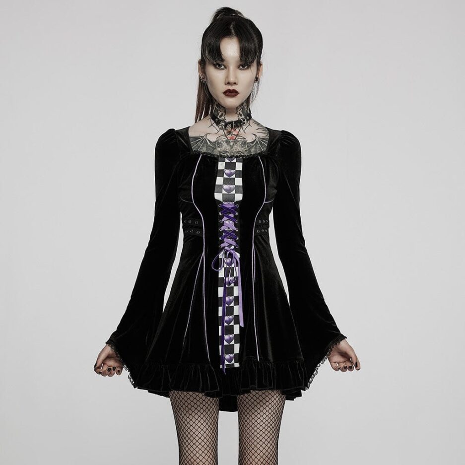 Women's Gothic Lolita Contrast Color Flare Sleeved Velet Dress