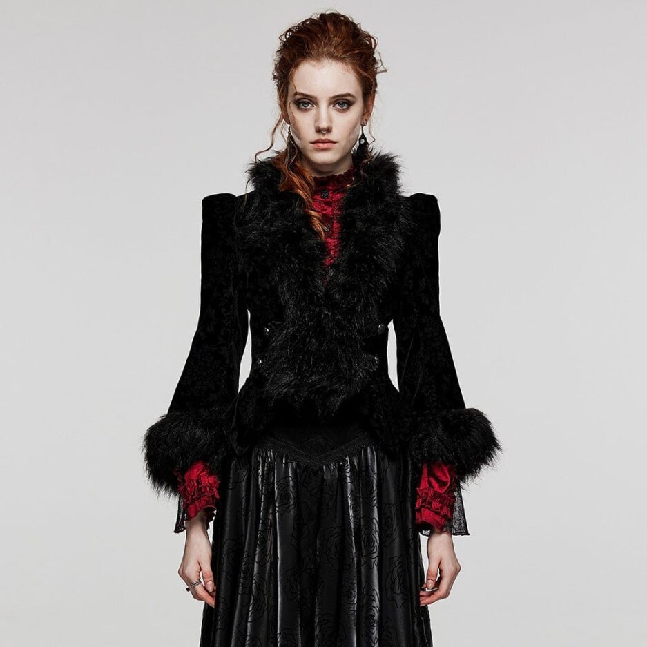 Women's Gothic Plunging Faux Fur Splice Velvet Coat