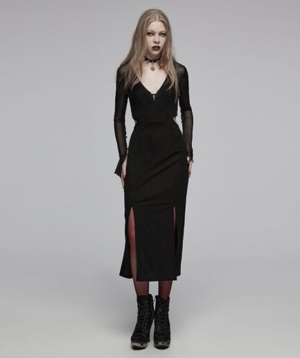 Women's Gothic Plunging Mesh Splice Cutout Dress