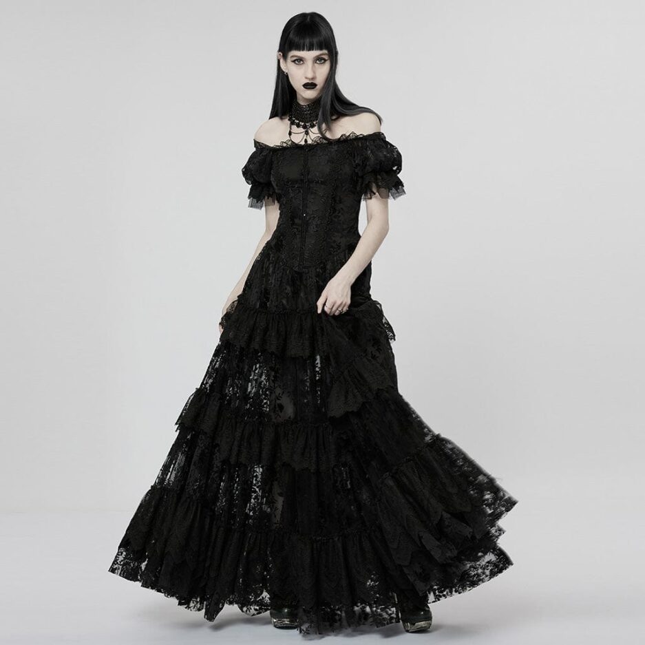 Women's Gothic Puff Sleeved Ruffles Lace Wedding Dress