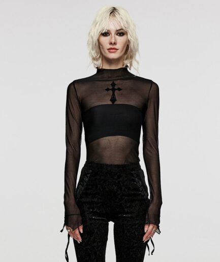 Women's Gothic Stand Collar Cross Mesh Shirt