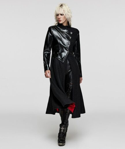 Women's Gothic Stand Collar Faux Leather Splice Wool Coat
