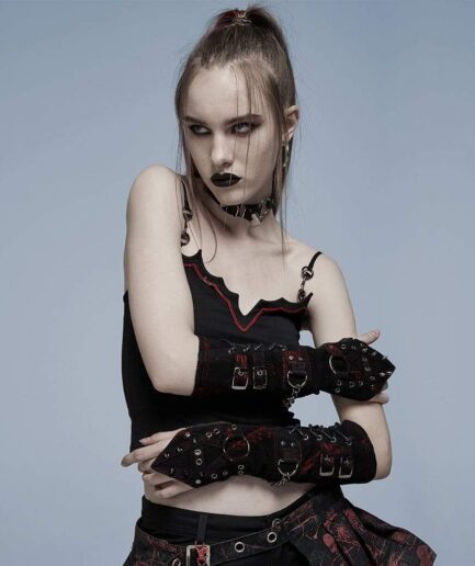 Women's Gothic Strappy Plaid Splice Buckles Gloves