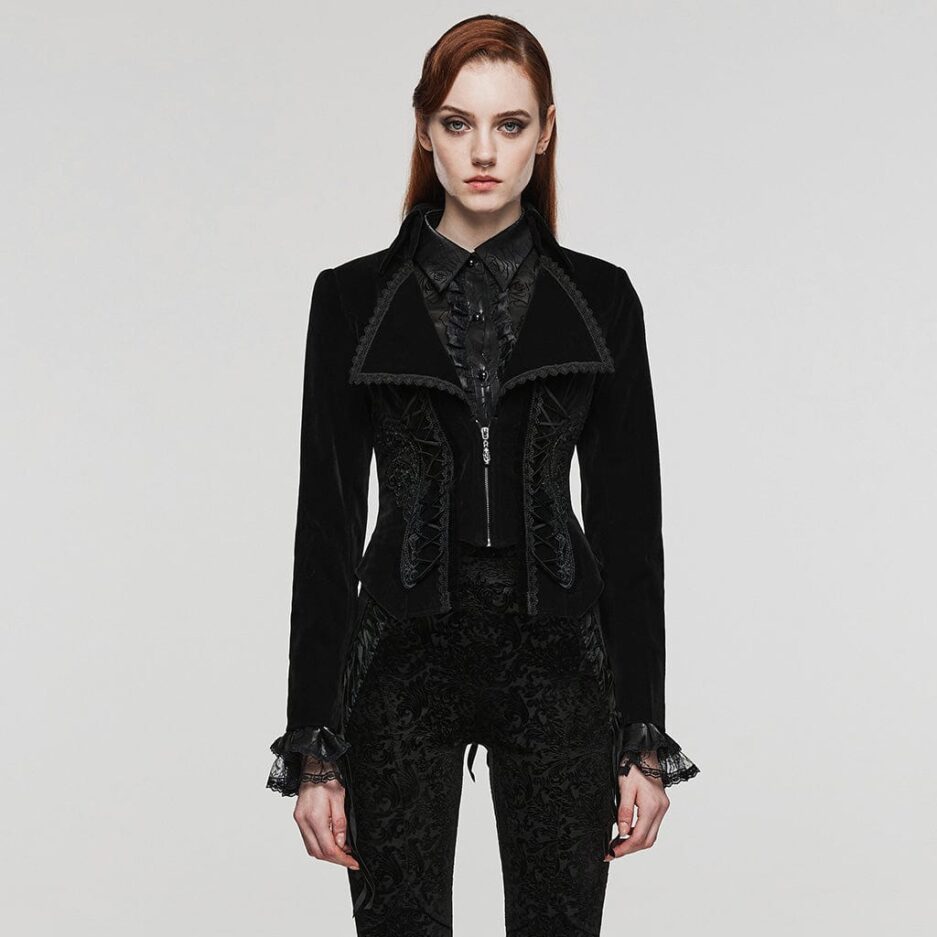 Women's Gothic Turn-down Collar Lace-up Velvet Coat Black