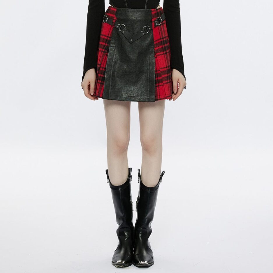 Women's Grunge Faux Leather Splice Plaid Skirt