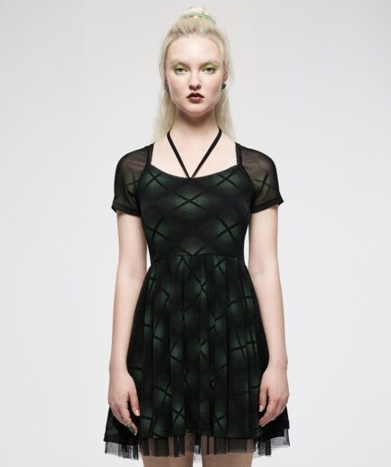 Women's Grunge Halterneck Green Plaid Mesh Dress