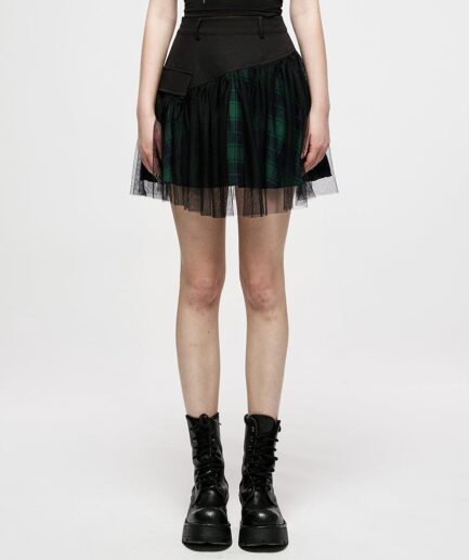 Women's Grunge High-waisted Mesh Green Plaid Short Skirt