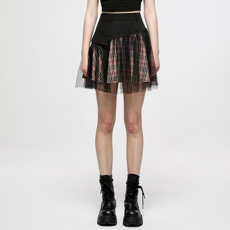 Women's Grunge High-waisted Mesh Red Plaid Short Skirt