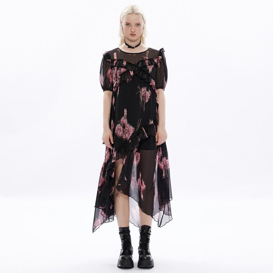 Women's Grunge Irregular Floral Printed Ruffled Dress