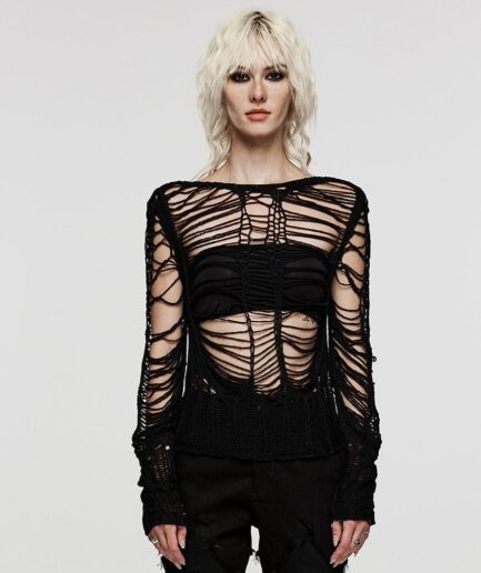 Women's Punk Ripped Sheer Knitted Sweater