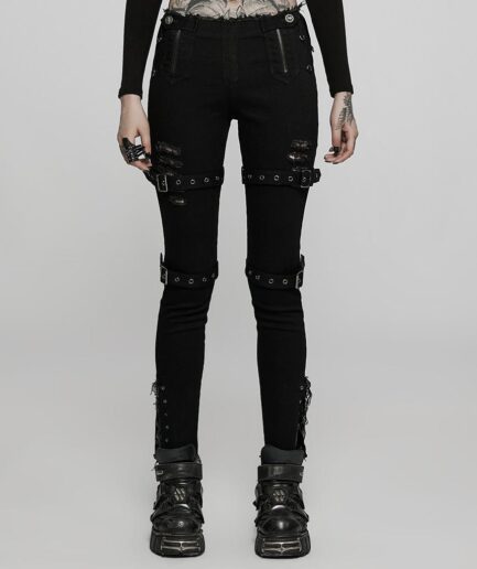 Women's Punk Ripped Straps Skinny Jeans