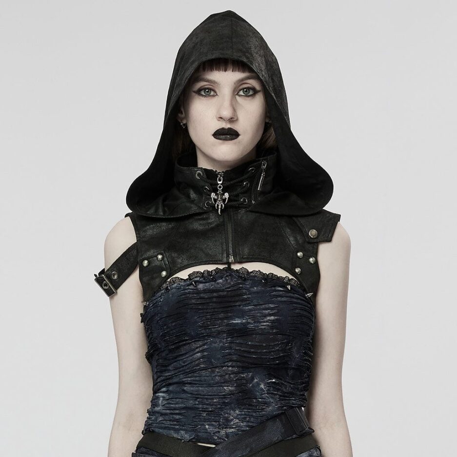 Women's Punk Stand Collar Buckle Cape with Hood