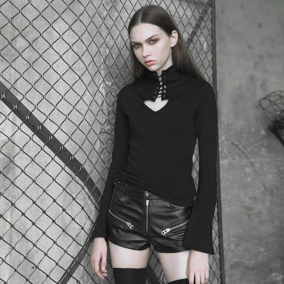 Punk Heart Hollowing Out Tie-Up Rope Eyelet Tight Sweater (With Rope)