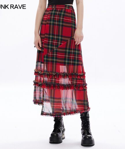 Dark Red Plaid Chiffon Medium Length Skirt