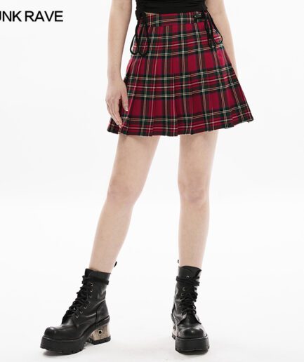 Dark Red Punk School Style Plaid Pleated Short Skirt