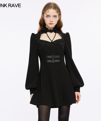 Square Neckline High Collar Waist-In Techwear Dress