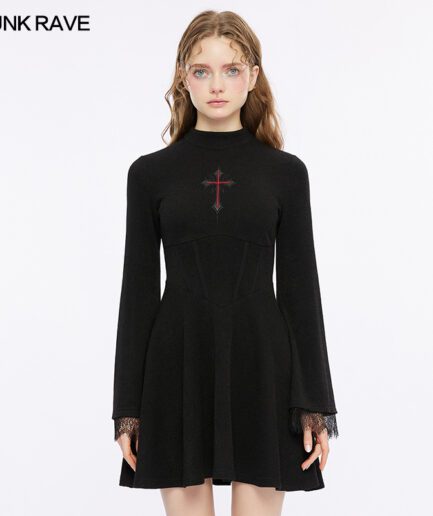Darkness Embroidered Cross Velvet A-Line Dress