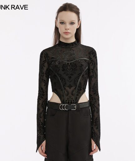 Gothic Spicy Girl Flocking Gauze See-Through Multi-Segmented Bodysuit