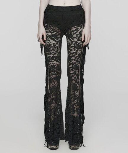 Women's Gothic Lace Tassels Flared Pants Black