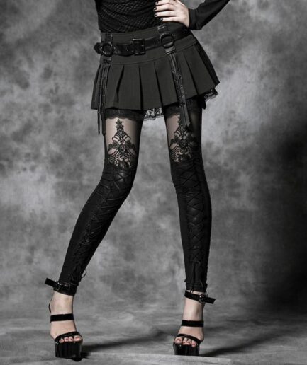 Women's Gothic Floral Crocheted Lace-up Faux Leather Leggings