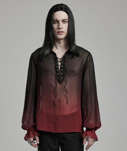 Men's Gothic Color Gradient Lace-up Sheer Chiffon Shirt